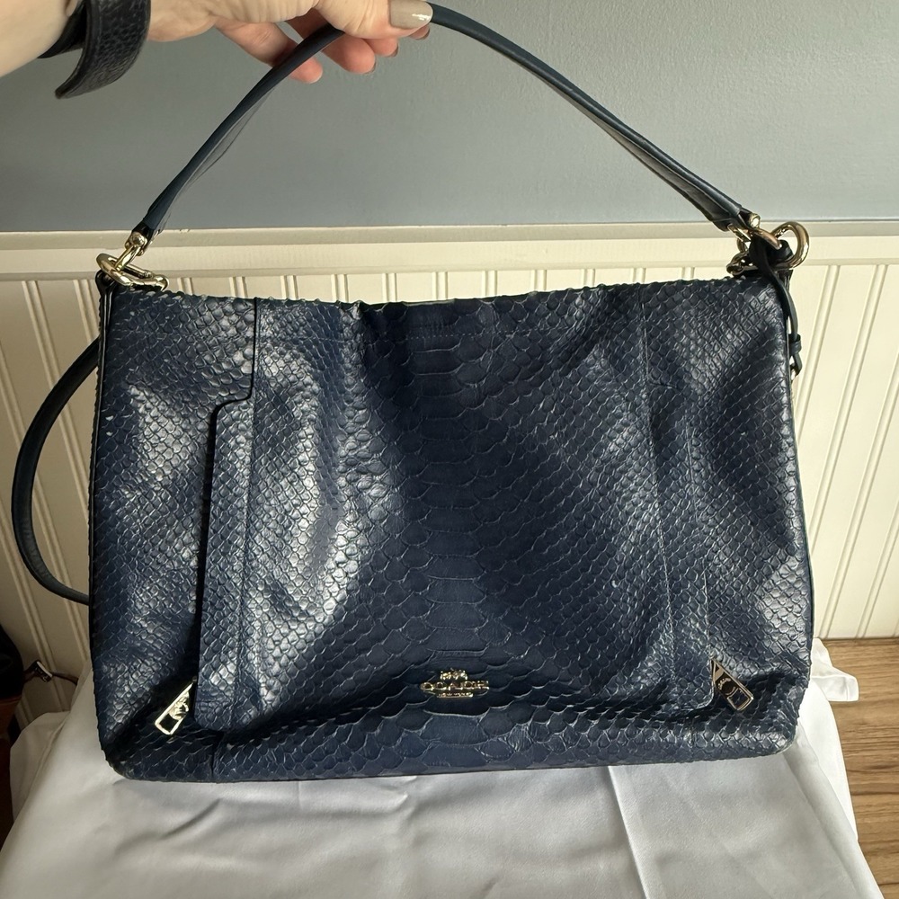 Coach 35326 Scout Hobo Python Embossed Denim Blue Leather Crossbody Shoulder Bag